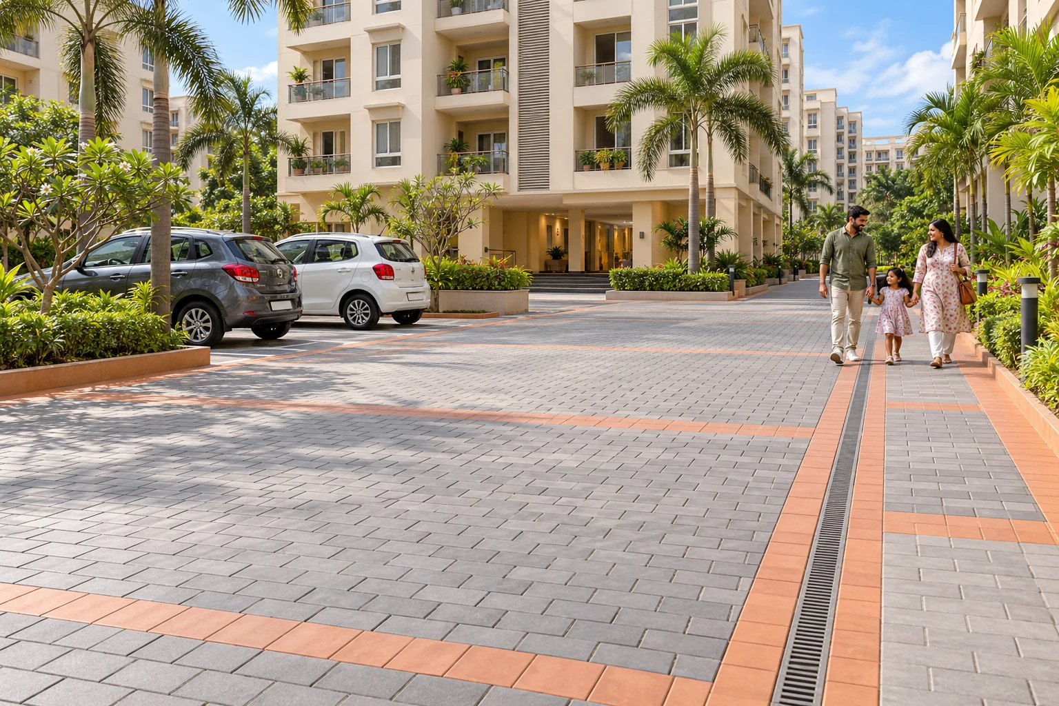 Completed grey paver parking court and walkway at an Indian apartment complex — AI-generated service illustration