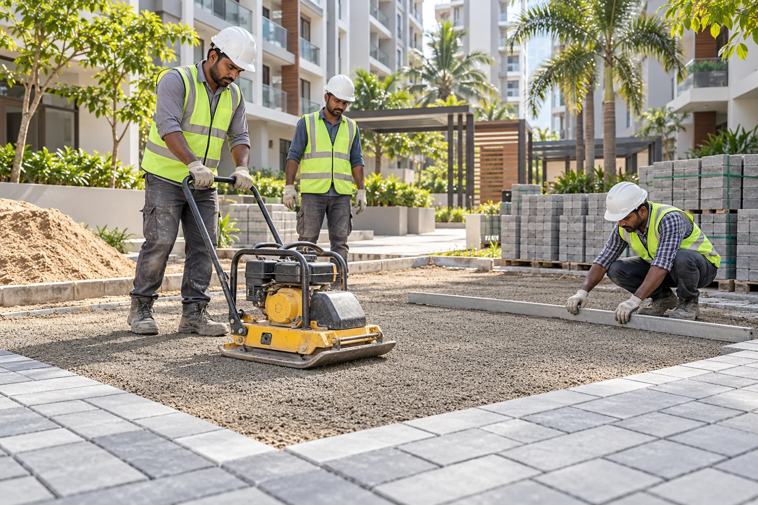 Indian paving team compacting and levelling the base at an apartment courtyard — AI-generated service illustration